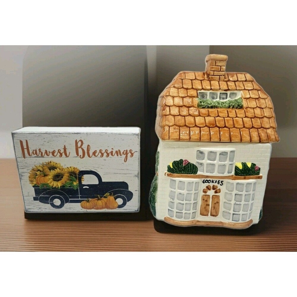 Vintage Ceramic Cottage House Cookie Jar with "Cookies" Sign | Farmhouse Decor